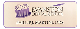 The image displays a logo with text that reads EVANSTON DENTAL CENTER at the top, followed by the name PHILIP J. MARTIN DDS below it. The logo features a stylized depiction of a toothbrush and a cupcake, suggesting a dental practice with a playful or family-friendly theme.